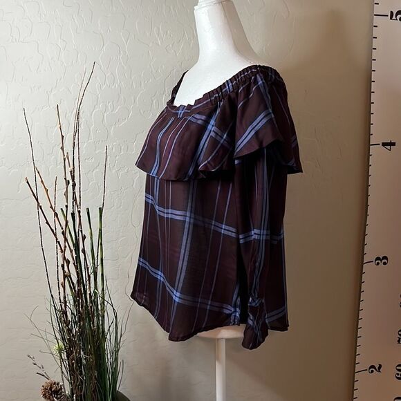 𝅺loft plaid brown and blue off shoulder top extra small petite draped collar - Picture 2 of 8